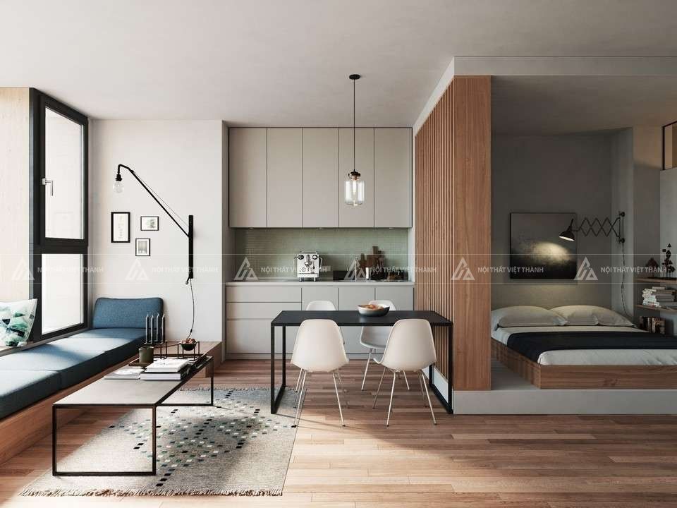 Mẫu nội thất chung cư 1 phòng ngủ hiện đại tối giản