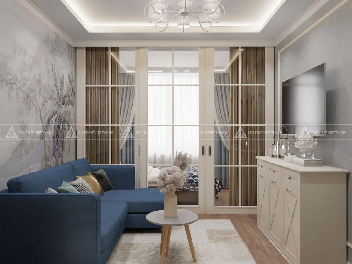 Phòng khách 12m² bố trí sofa chữ I tiện nghi và tinh tế
