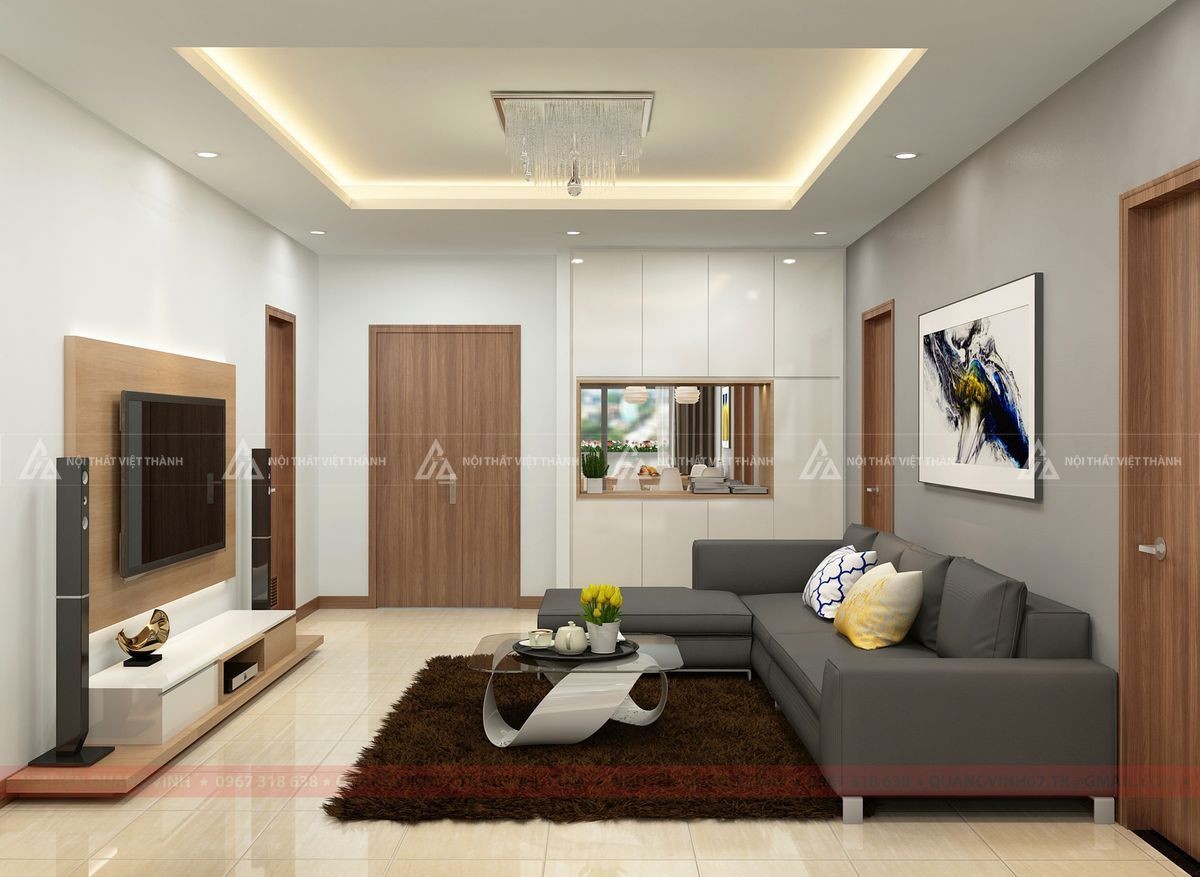 Nội thất phòng khách 18m2 với sofa và kệ tivi hiện đại