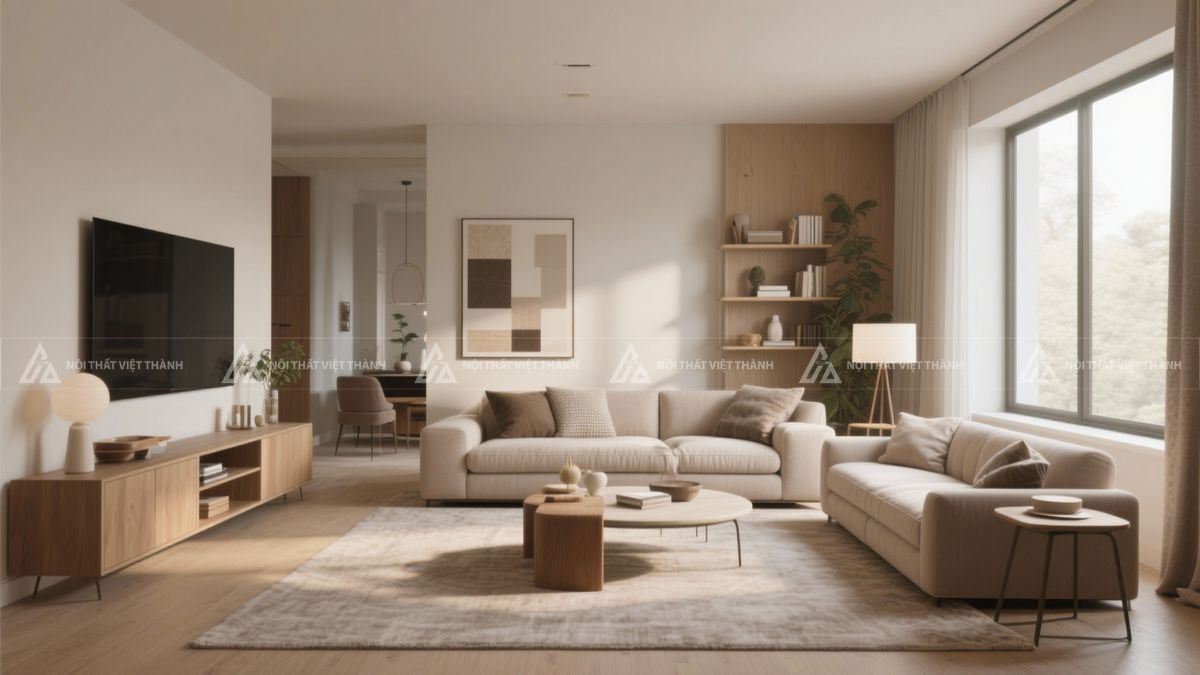 Thiết kế nội thất phòng khách 25m2 gam màu ấm áp