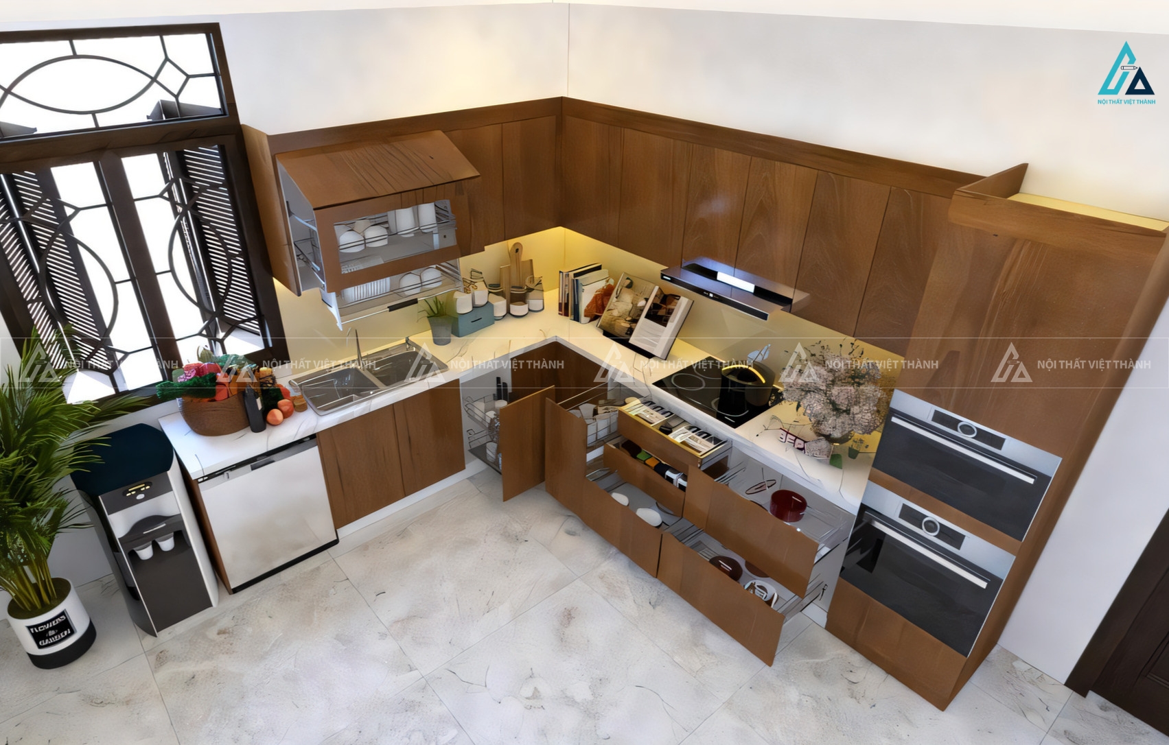Tủ bếp gỗ công nghiệp cao cấp với hệ tủ kho và thiết bị hiện đại 1