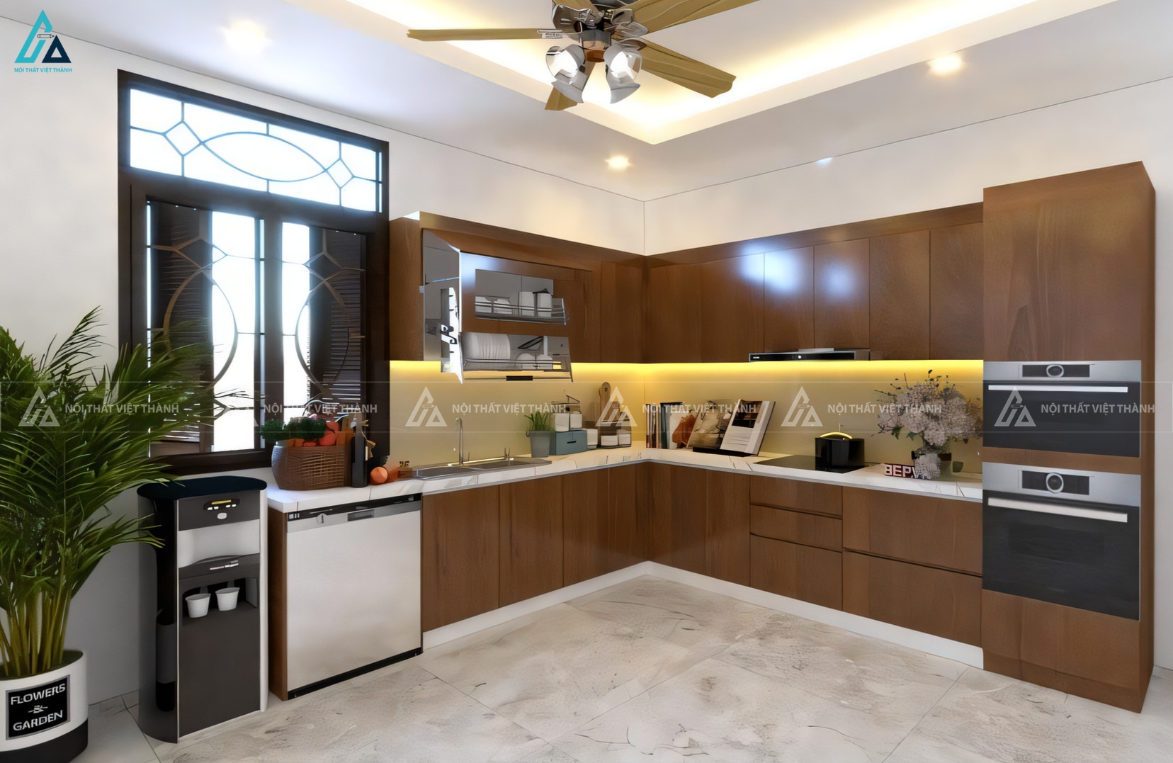 Tủ bếp gỗ công nghiệp cao cấp với hệ tủ kho và thiết bị hiện đại
