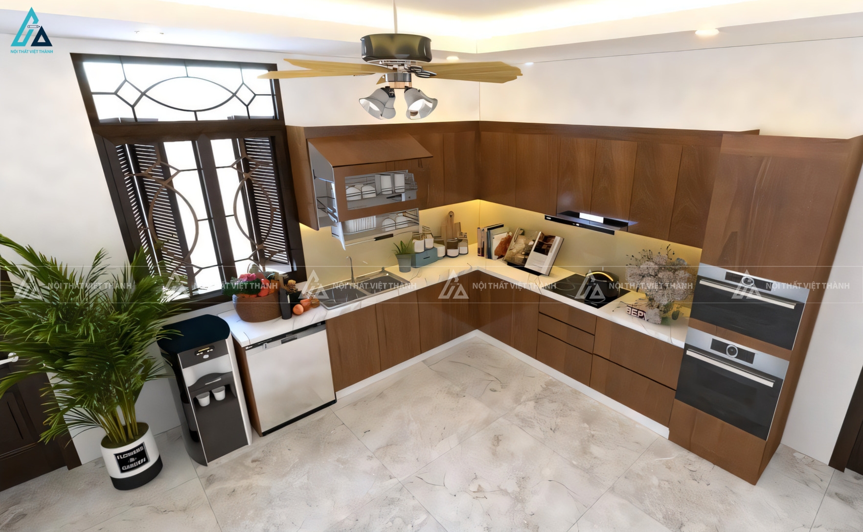 Tủ bếp gỗ công nghiệp cao cấp với hệ tủ kho và thiết bị hiện đại 2