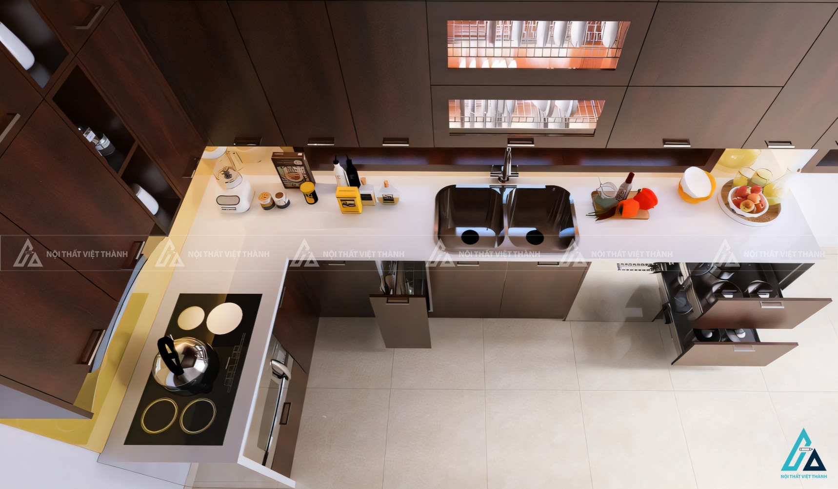 Bộ tủ bếp chữ L gỗ công nghiệp với hệ tủ kho lưu trữ thông minh 1