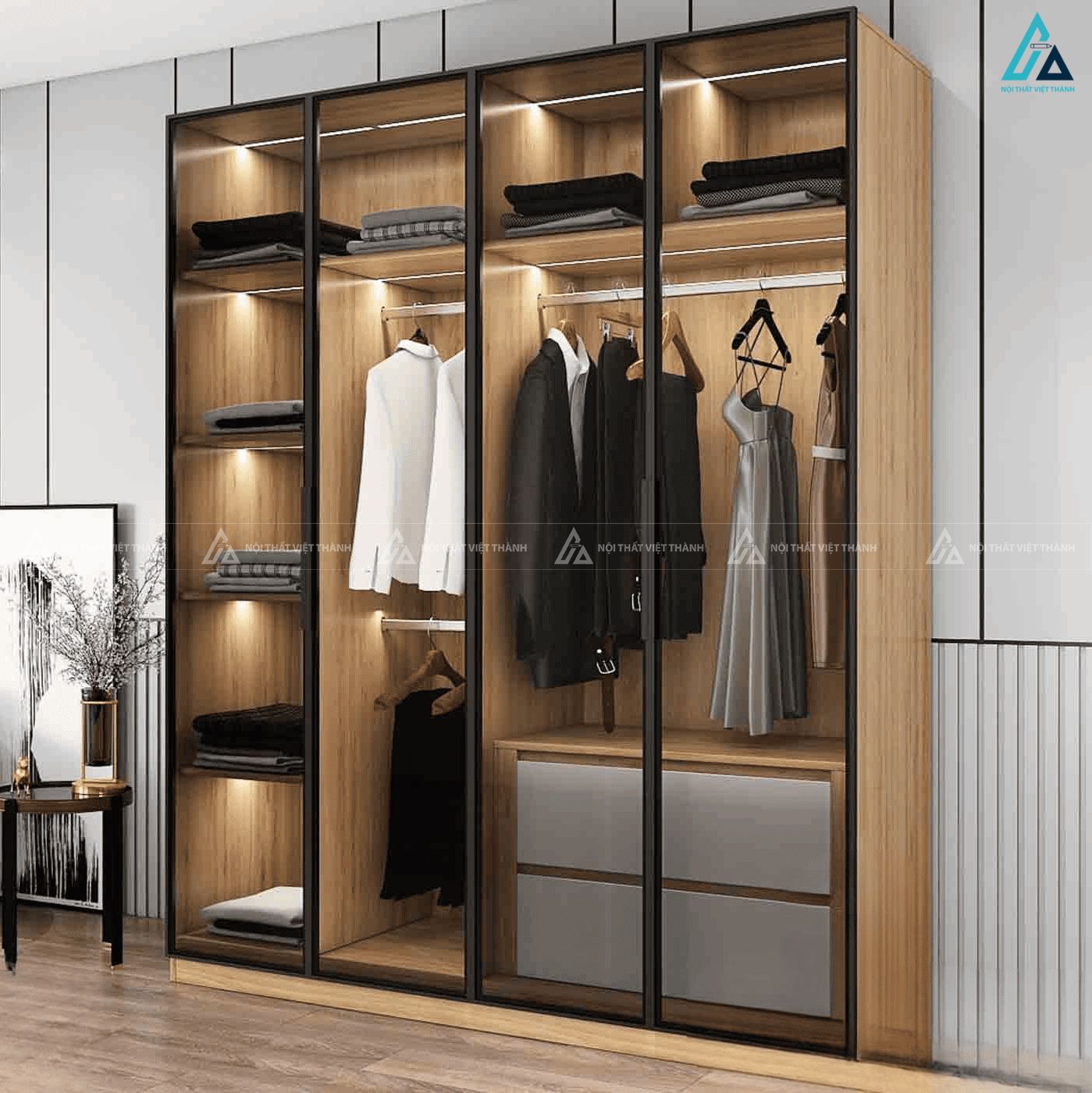 Tủ quần áo cánh kính phối gỗ kèm đèn led đa năng tiện ích