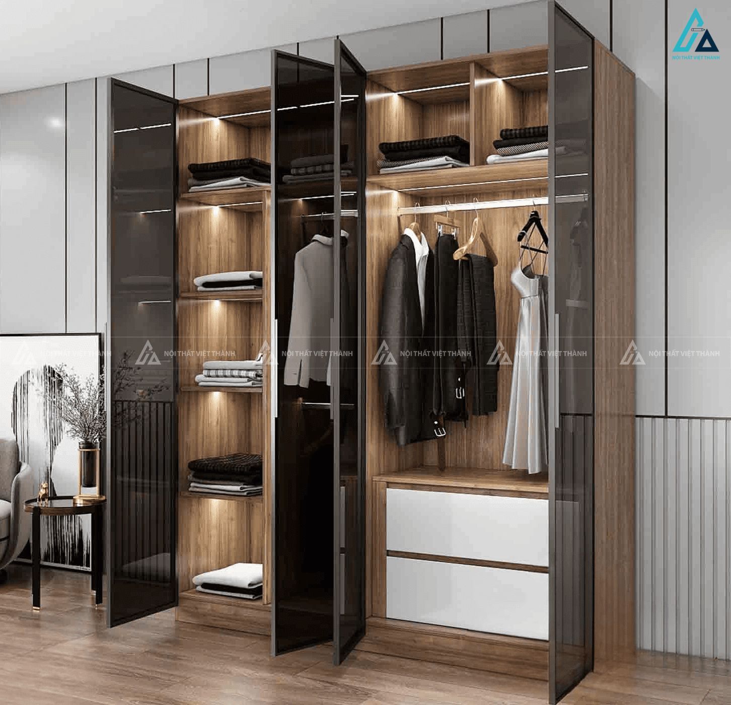 Tủ quần áo cánh kính phối gỗ kèm đèn led đa năng tiện ích 1