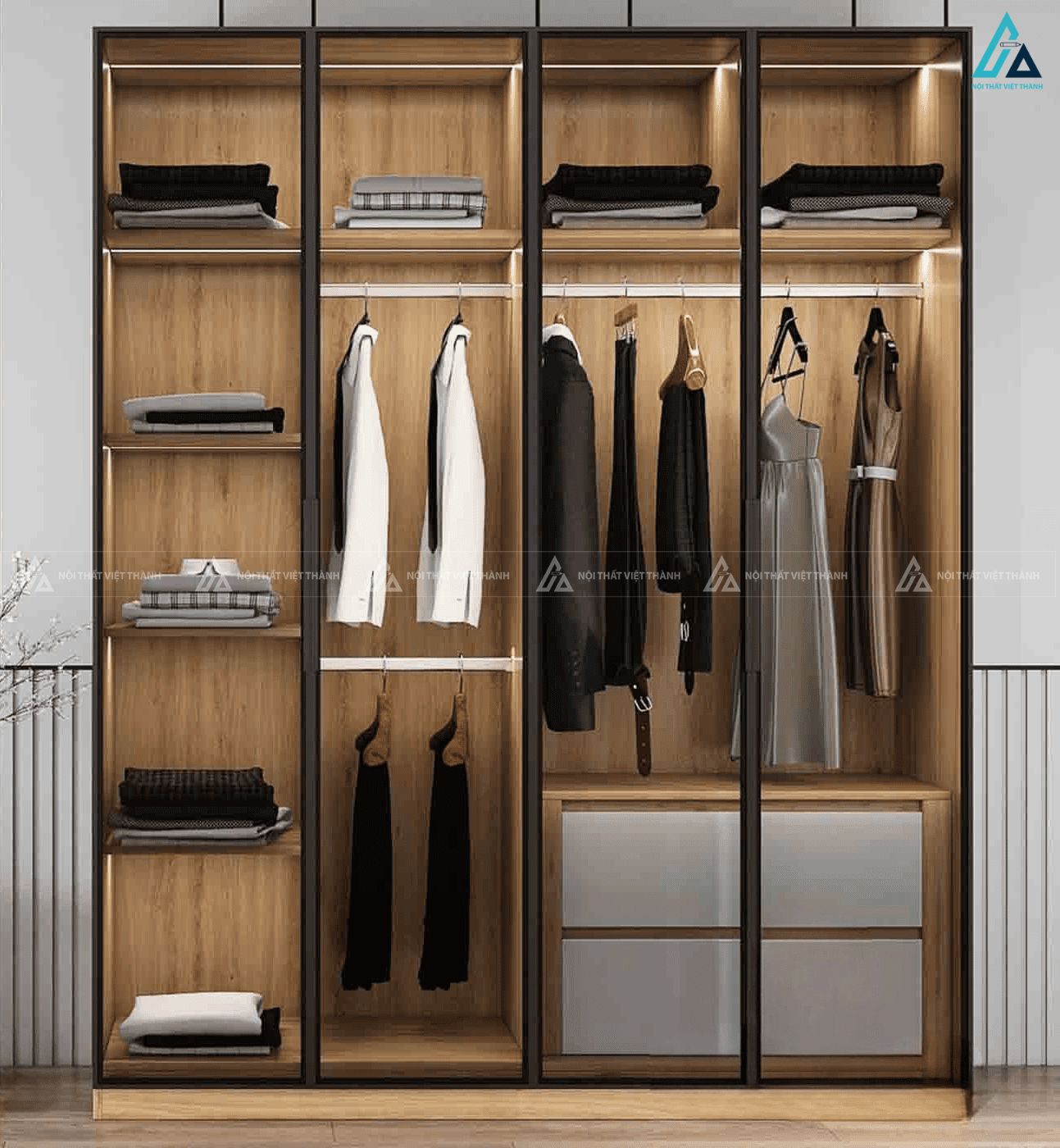 Tủ quần áo cánh kính phối gỗ kèm đèn led đa năng tiện ích 2