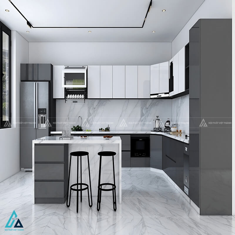 Tủ bếp acrylic phối màu xám trắng sang trọng kèm bàn đảo tiện nghi