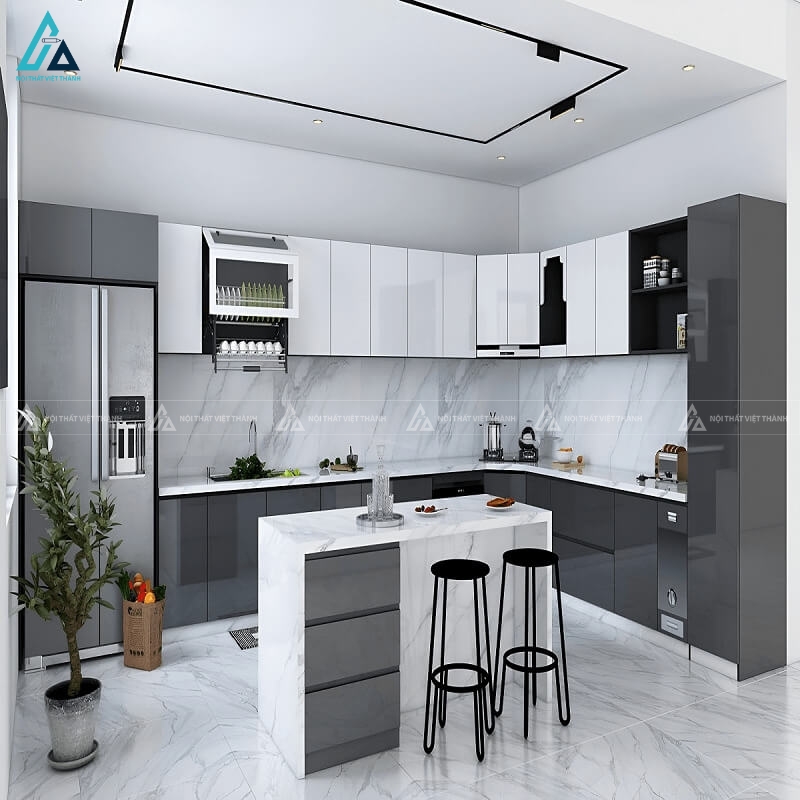 Tủ bếp acrylic phối màu xám trắng sang trọng kèm bàn đảo tiện nghi 1