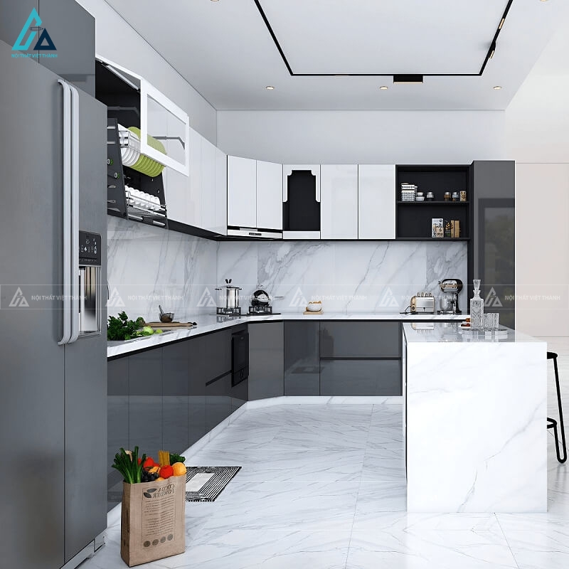 Tủ bếp acrylic phối màu xám trắng sang trọng kèm bàn đảo tiện nghi 2