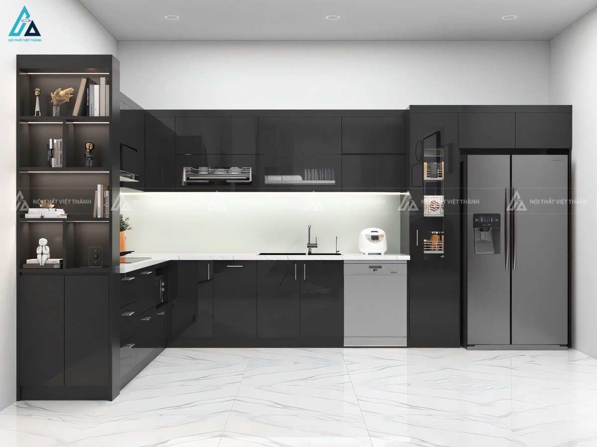 Tủ bếp acrylic đen cao cấp kết hợp mặt đá trắng tương phản ấn tượng