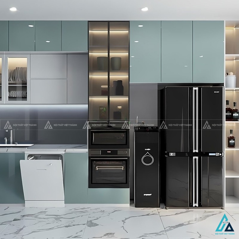 Tủ bếp acrylic màu xanh cổ vịt độc đáo tạo điểm nhấn cho căn bếp đẹp 2