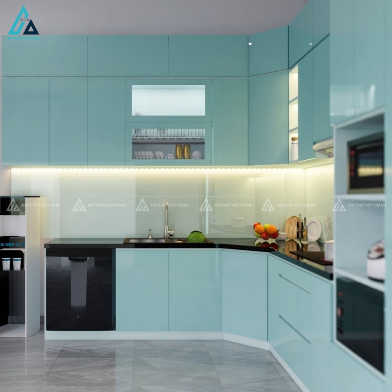 Tủ bếp acrylic màu xanh ngọc thiết kế kịch trần hiện đại tinh tế 1