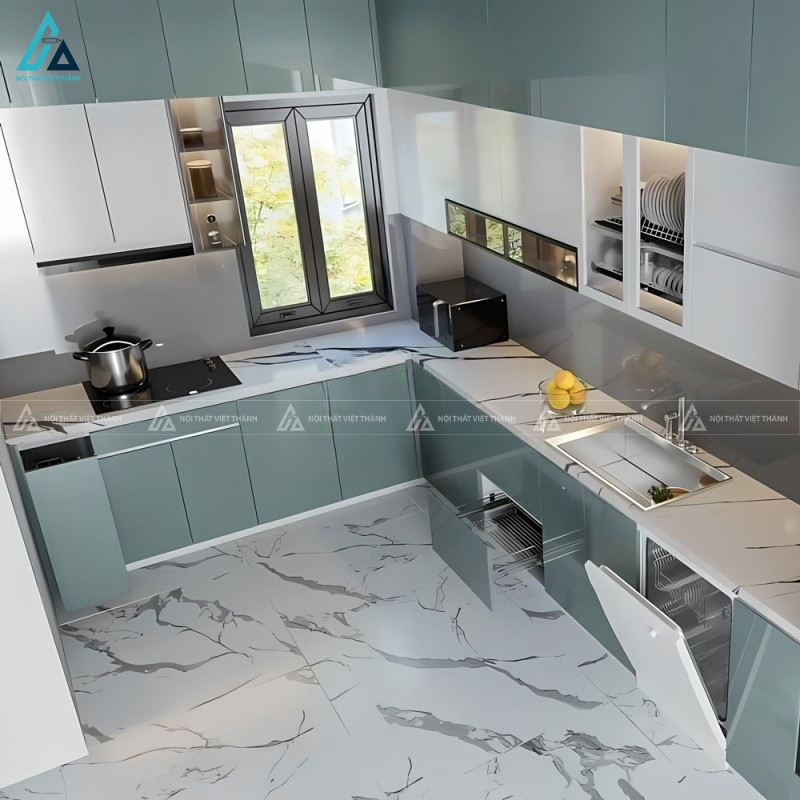 Tủ bếp acrylic màu xanh cổ vịt độc đáo tạo điểm nhấn cho căn bếp đẹp 1