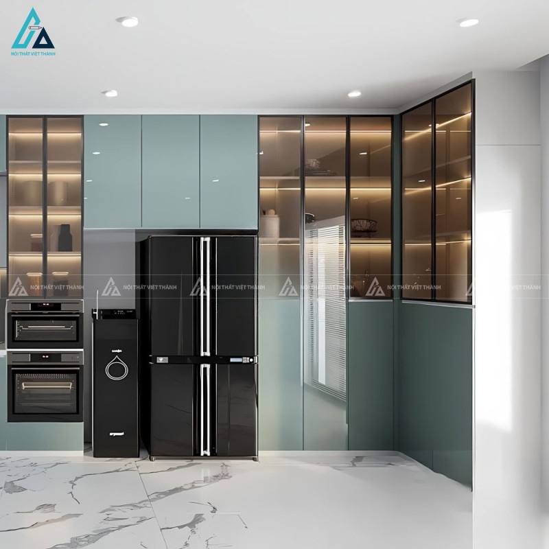 Tủ bếp acrylic màu xanh cổ vịt độc đáo tạo điểm nhấn cho căn bếp đẹp 3