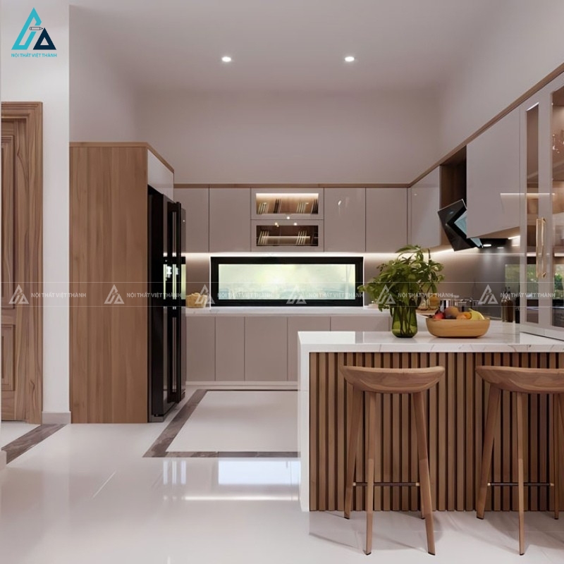Tủ bếp acrylic màu kem kết hợp bàn đảo đá vân mây sang trọng 2
