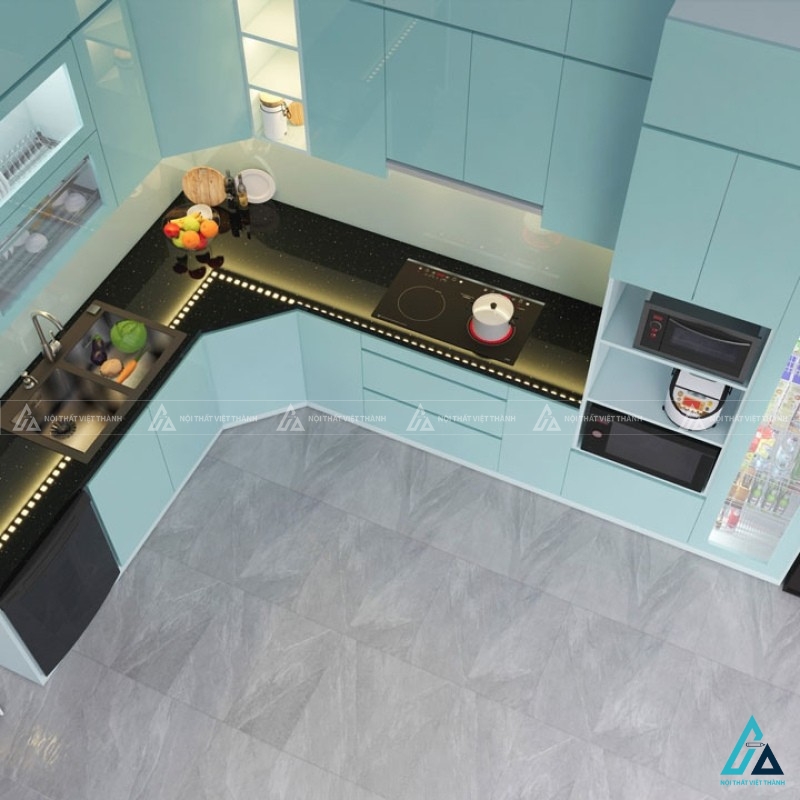 Tủ bếp acrylic màu xanh ngọc thiết kế kịch trần hiện đại tinh tế 2