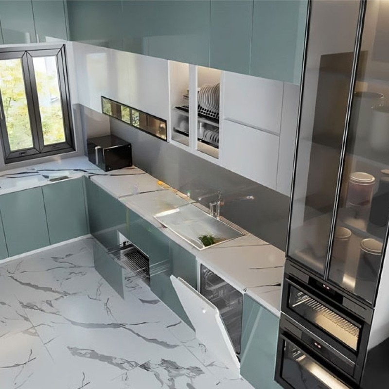 Tủ bếp acrylic màu xanh cổ vịt độc đáo tạo điểm nhấn cho căn bếp đẹp 4