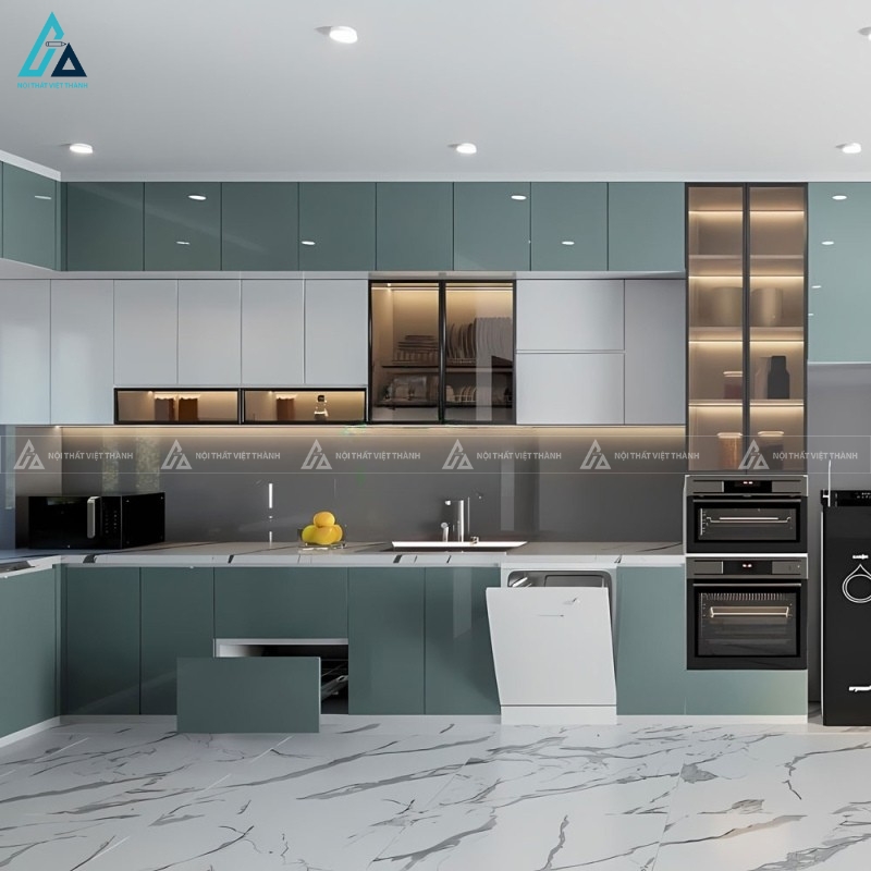 Tủ bếp acrylic màu xanh cổ vịt độc đáo tạo điểm nhấn cho căn bếp đẹp