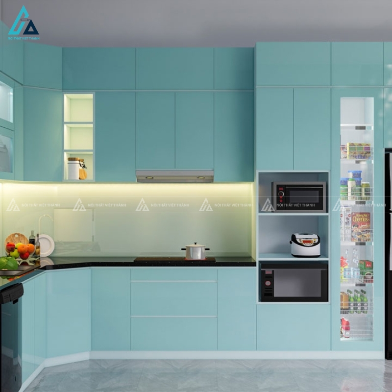 Tủ bếp acrylic màu xanh ngọc thiết kế kịch trần hiện đại tinh tế