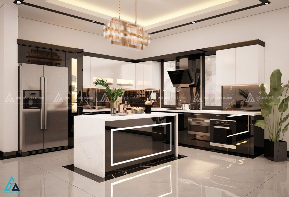 Mẫu tủ bếp acrylic kết hợp đảo bếp đẳng cấp cho không gian rộng