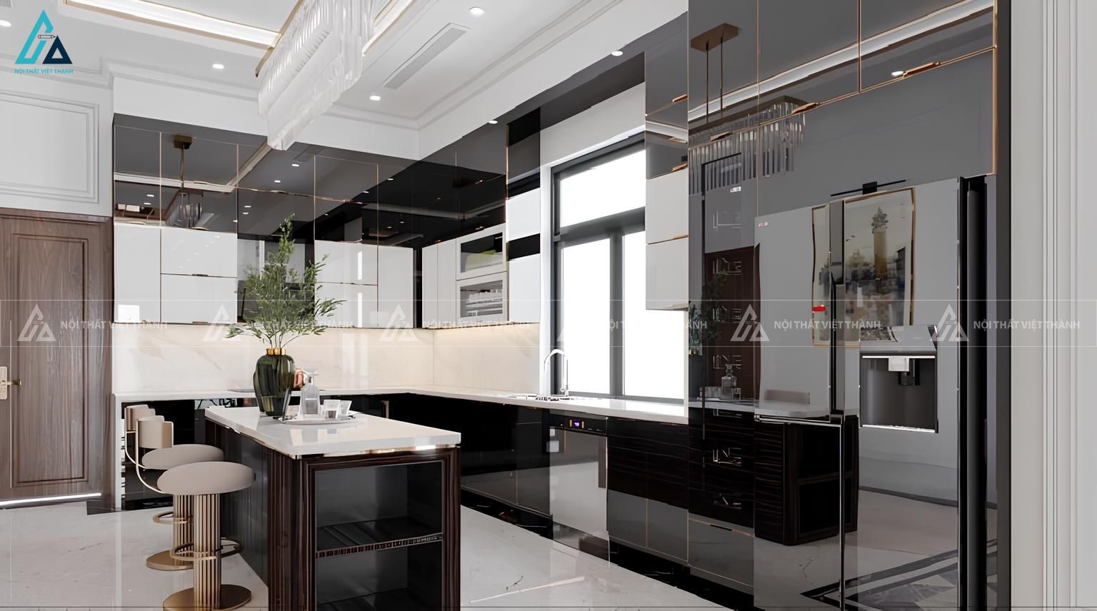 Mẫu tủ bếp cánh kính phối đảo bếp cao cấp nâng tầm không gian 1