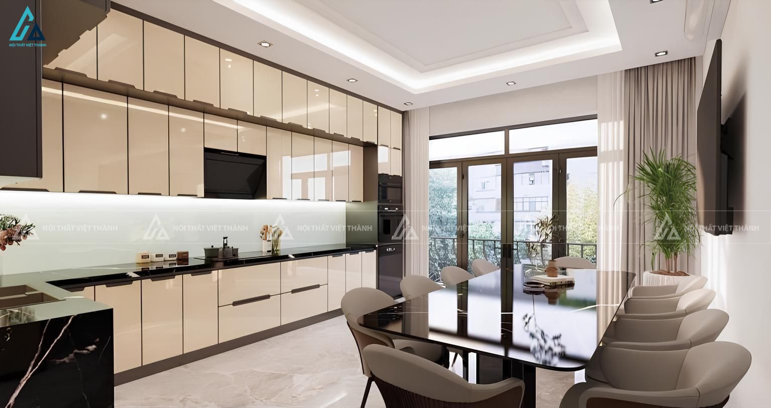 Bộ tủ bếp chữ L cánh kính màu be tinh tế trang nhã tích hợp lò nướng 1