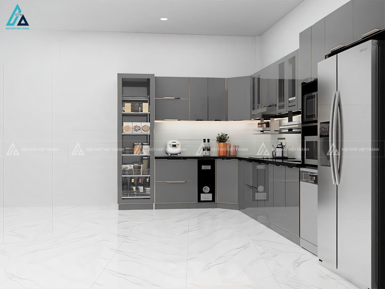 Mẫu tủ bếp cánh kính màu xám kịch trần tối ưu không gian bếp 1