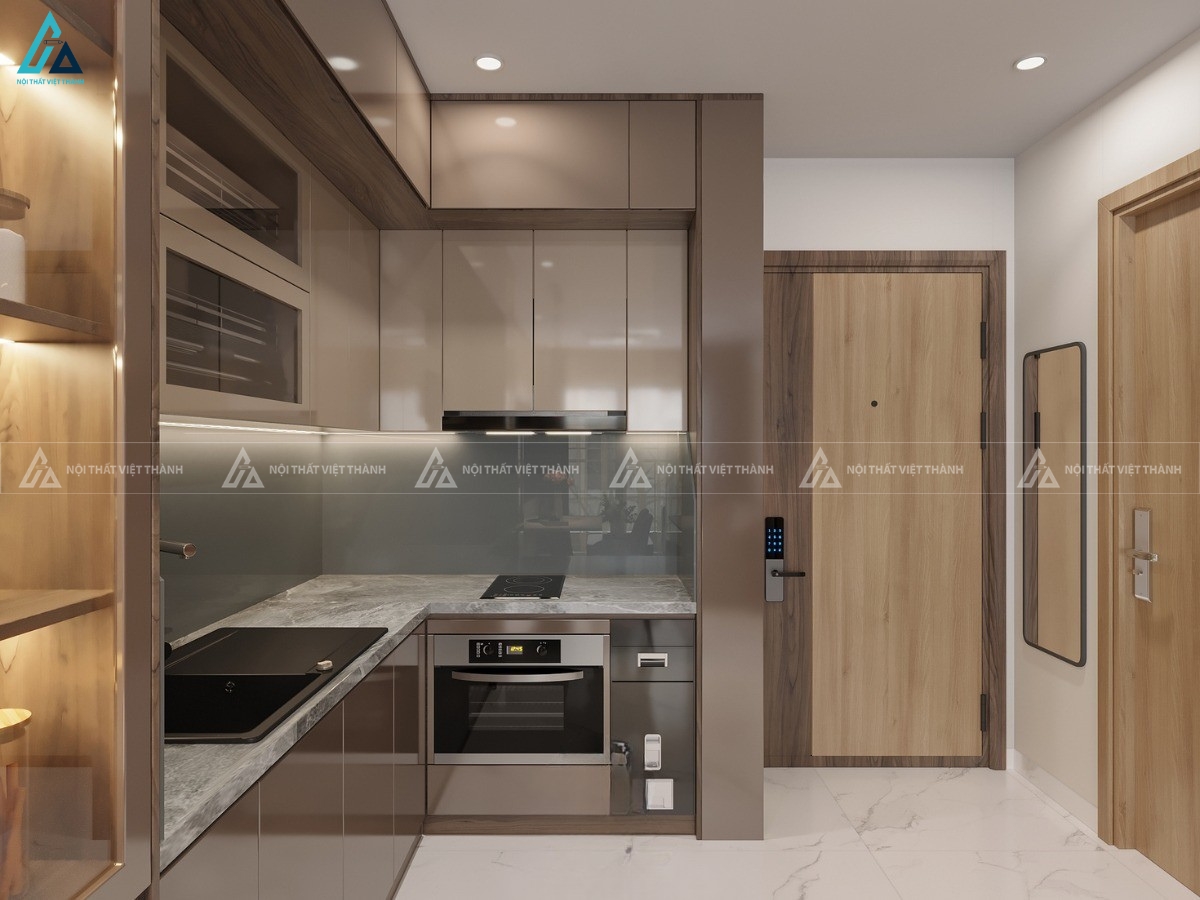 Mẫu tủ bếp acrylic bóng gương cao cấp tích hợp tủ rượu thông minh 1