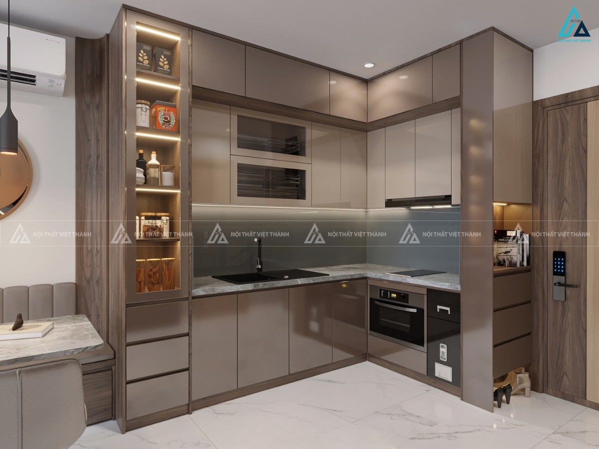 Mẫu tủ bếp acrylic bóng gương cao cấp tích hợp tủ rượu thông minh