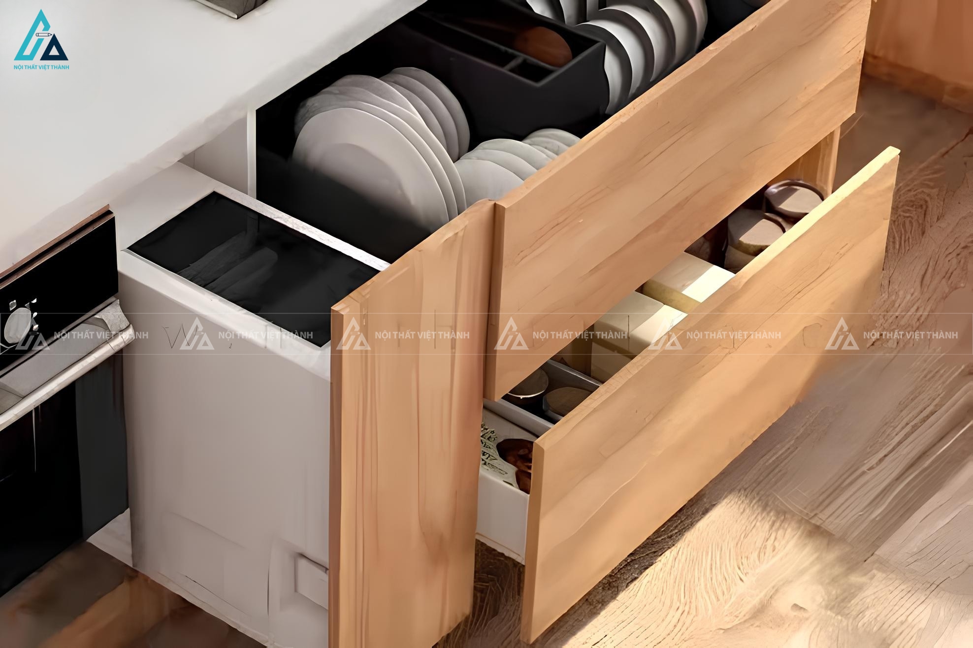 Tủ bếp gỗ công nghiệp chữ L hiện đại phối màu trắng vân gỗ sáng 1