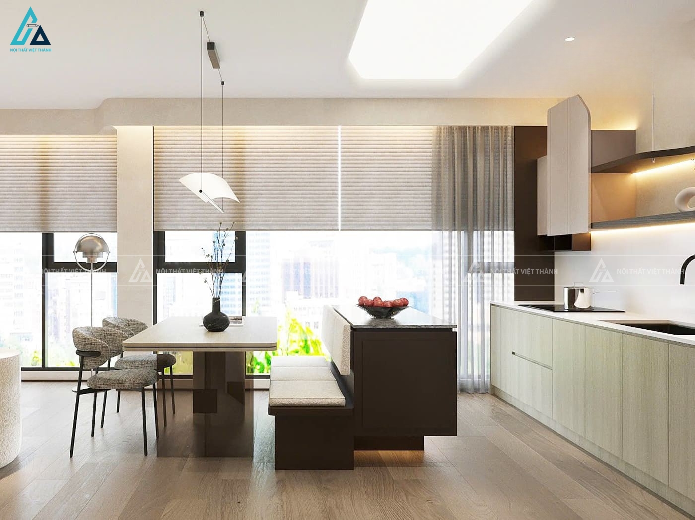 Thiết kế tủ bếp gỗ công nghiệp tích hợp bàn ăn phong cách tối giản 1