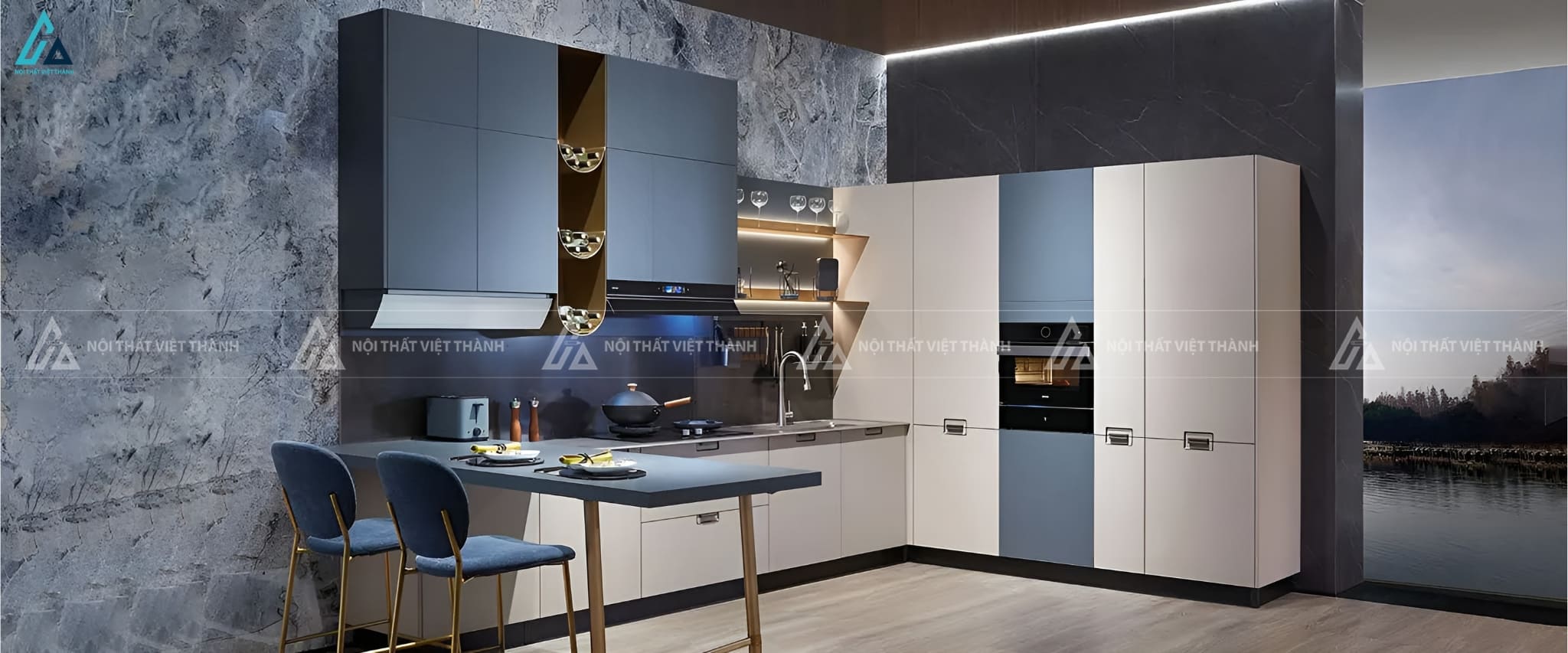 Tủ bếp gỗ công nghiệp hiện đại phối màu kèm bàn đảo đa năng 2