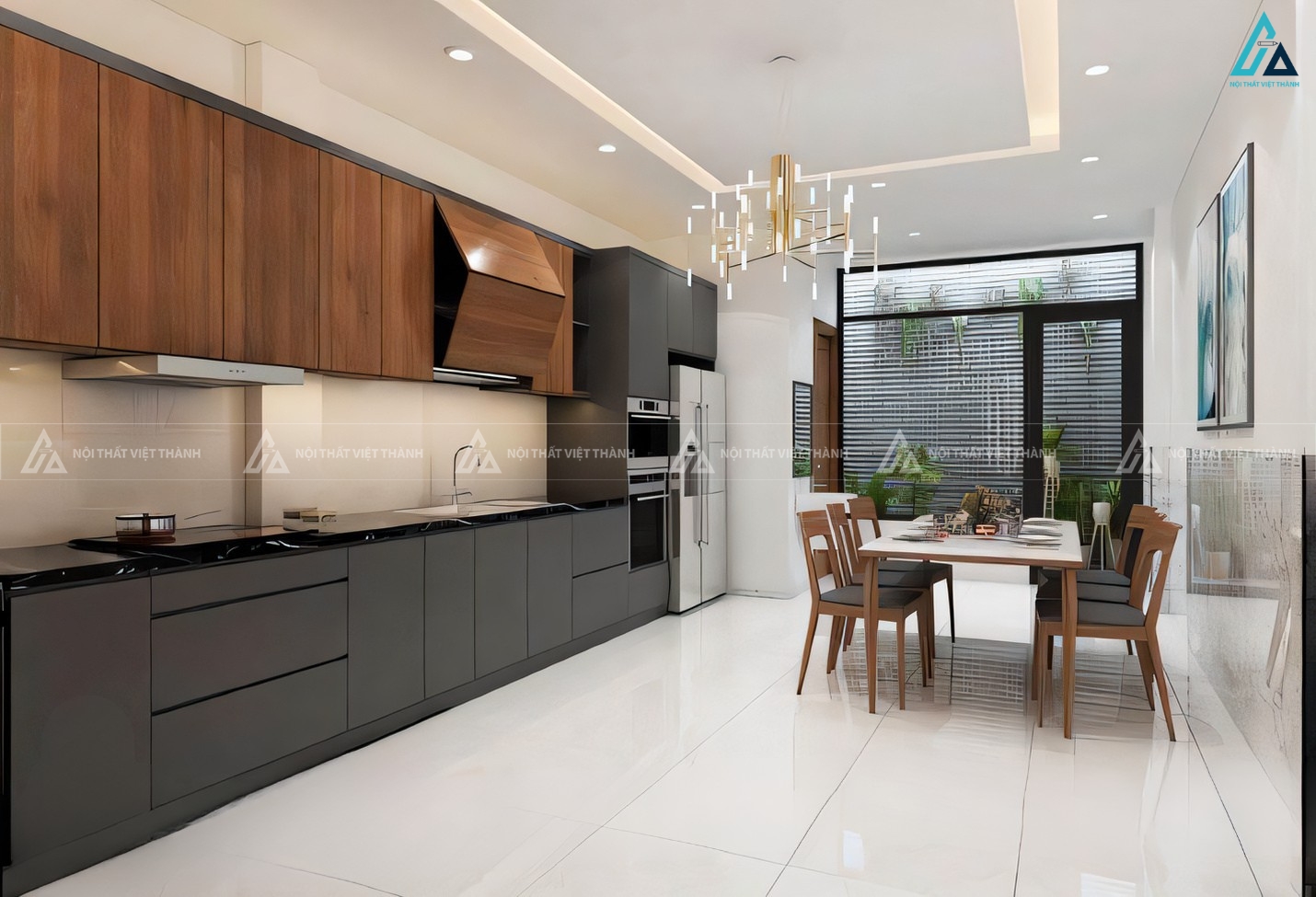 Tủ bếp gỗ công nghiệp hiện đại phối màu xám và vân gỗ sang trọng