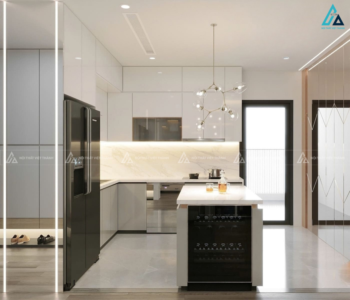 Tủ bếp gỗ công nghiệp chữ L màu trắng xám kèm bàn đảo tiện nghi 1