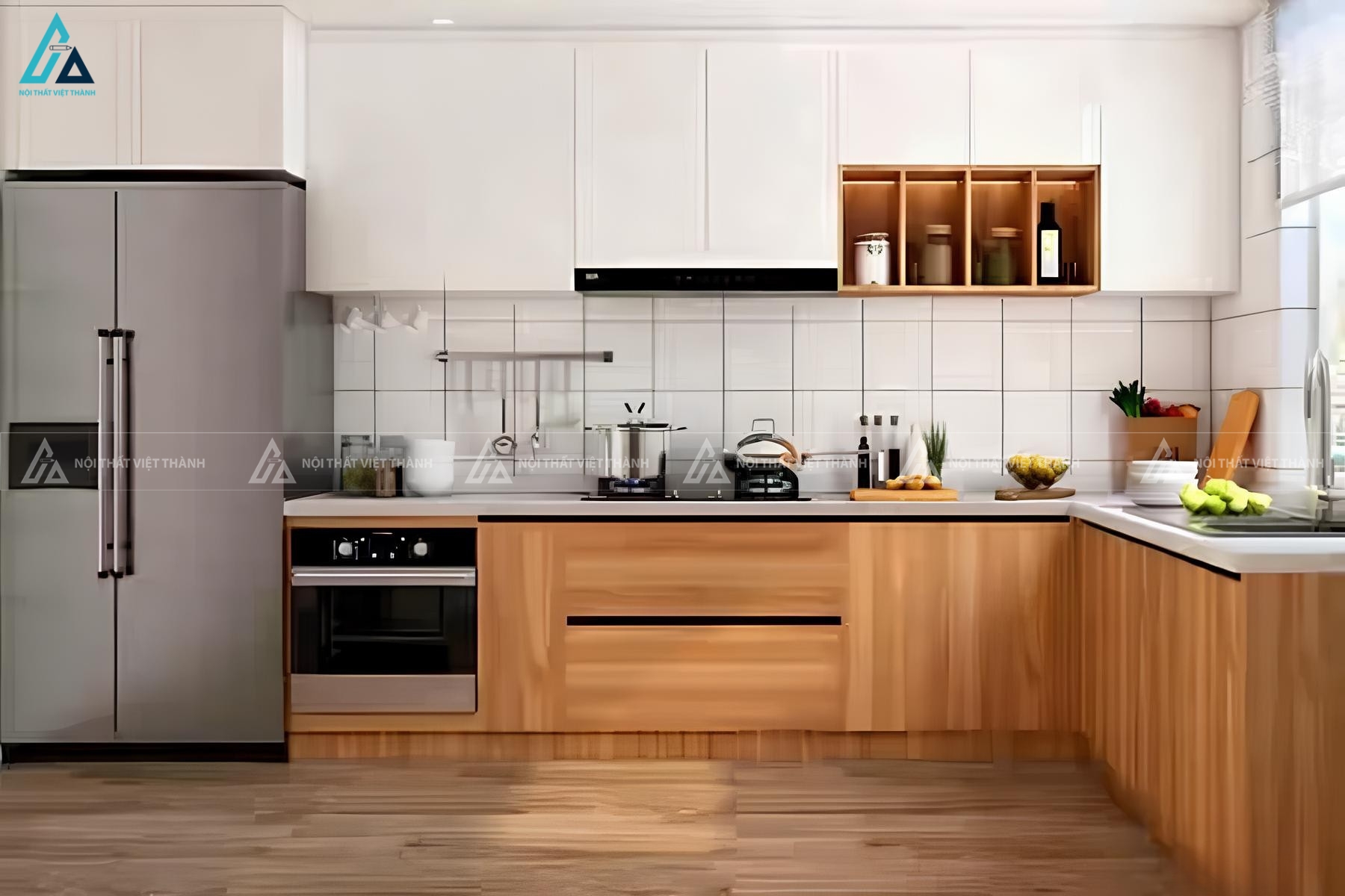 Tủ bếp gỗ công nghiệp chữ L hiện đại phối màu trắng vân gỗ sáng