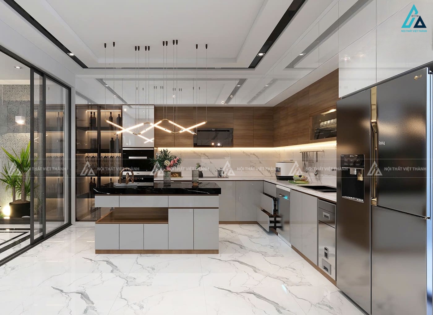 Tủ bếp gỗ công nghiệp có bàn đảo kết hợp tủ rượu sang trọng