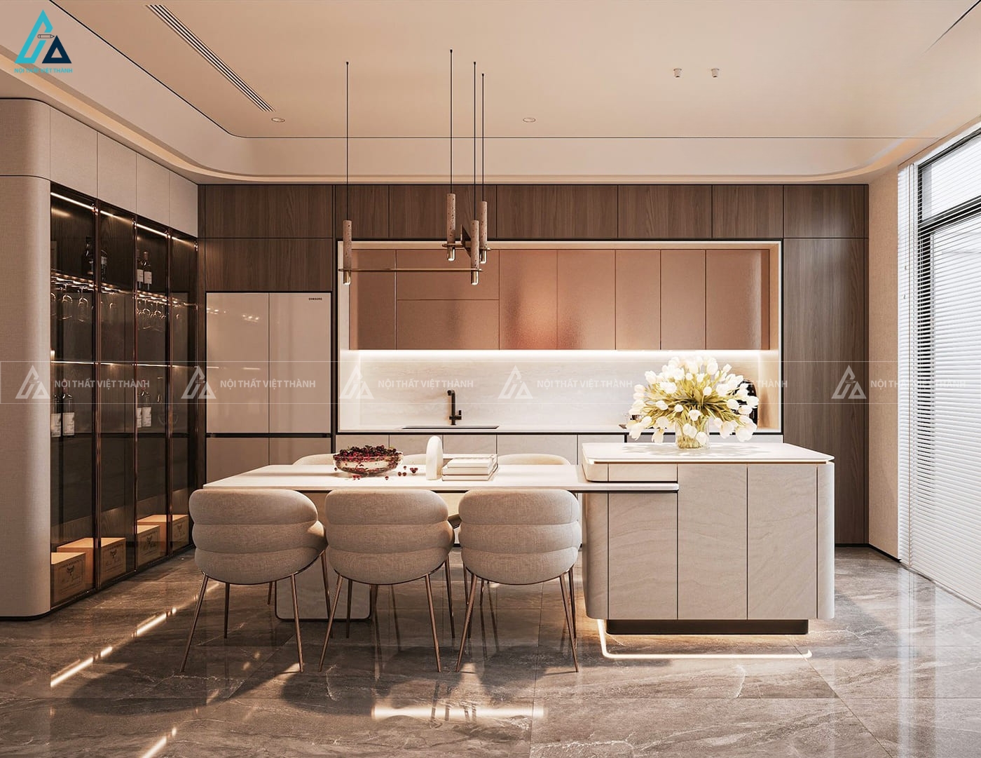 Bộ tủ bếp gỗ công nghiệp có bàn đảo phong cách tối giản sang trọng 1