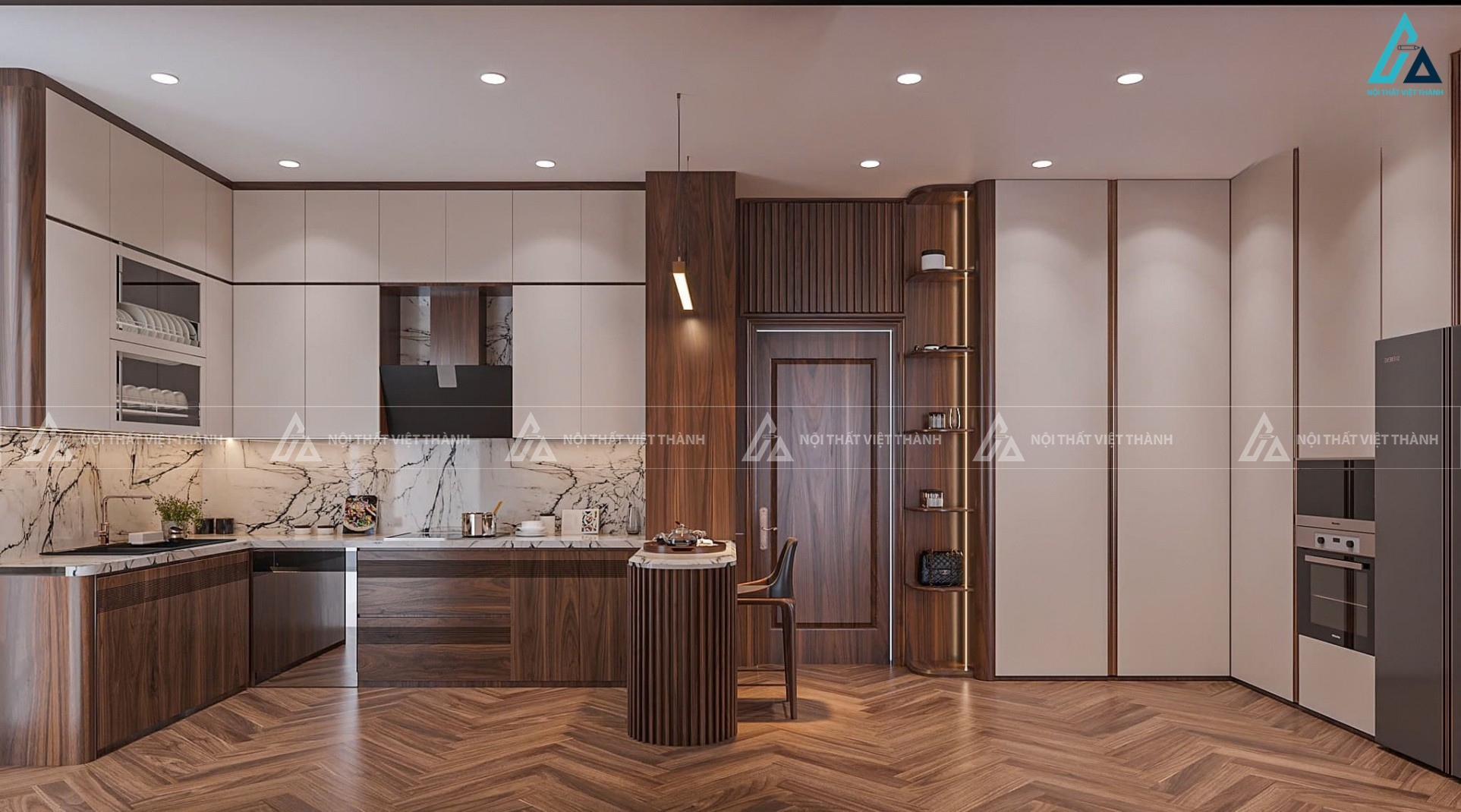 Mẫu tủ bếp gỗ công nghiệp kết hợp quầy bar ấn tượng đẳng cấp
