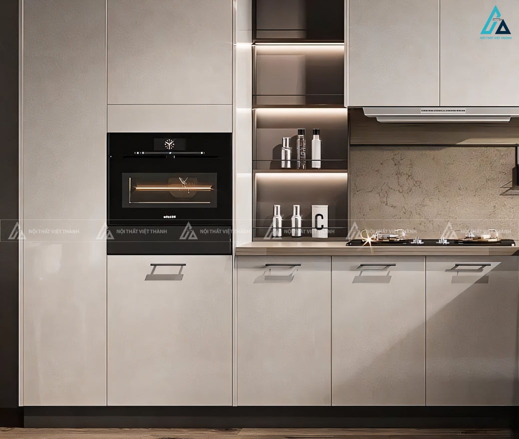 Bộ tủ bếp chữ L với hệ kệ mở trang trí có đèn led ấn tượng đẹp 1