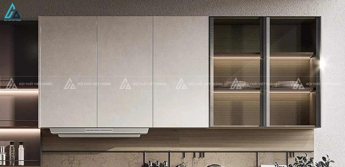 Bộ tủ bếp chữ L với hệ kệ mở trang trí có đèn led ấn tượng đẹp 2