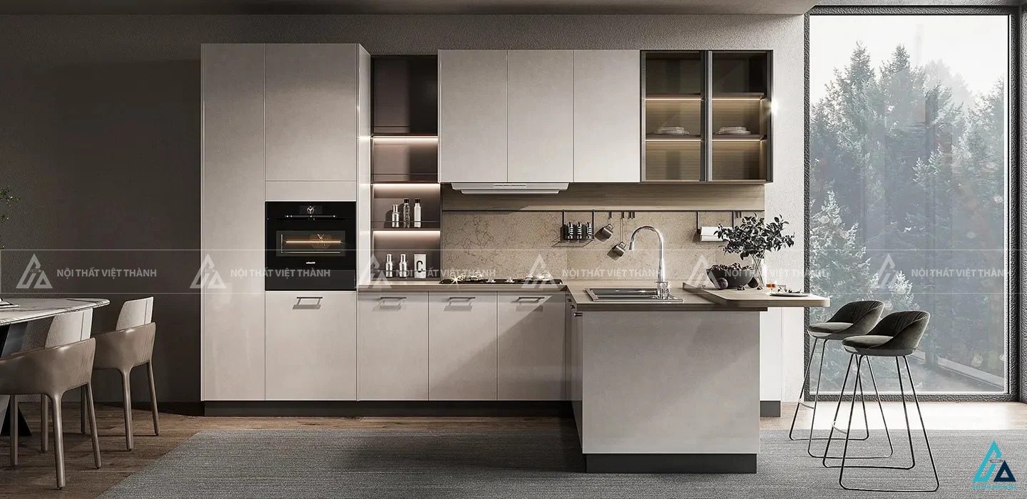Bộ tủ bếp chữ L với hệ kệ mở trang trí có đèn led ấn tượng đẹp