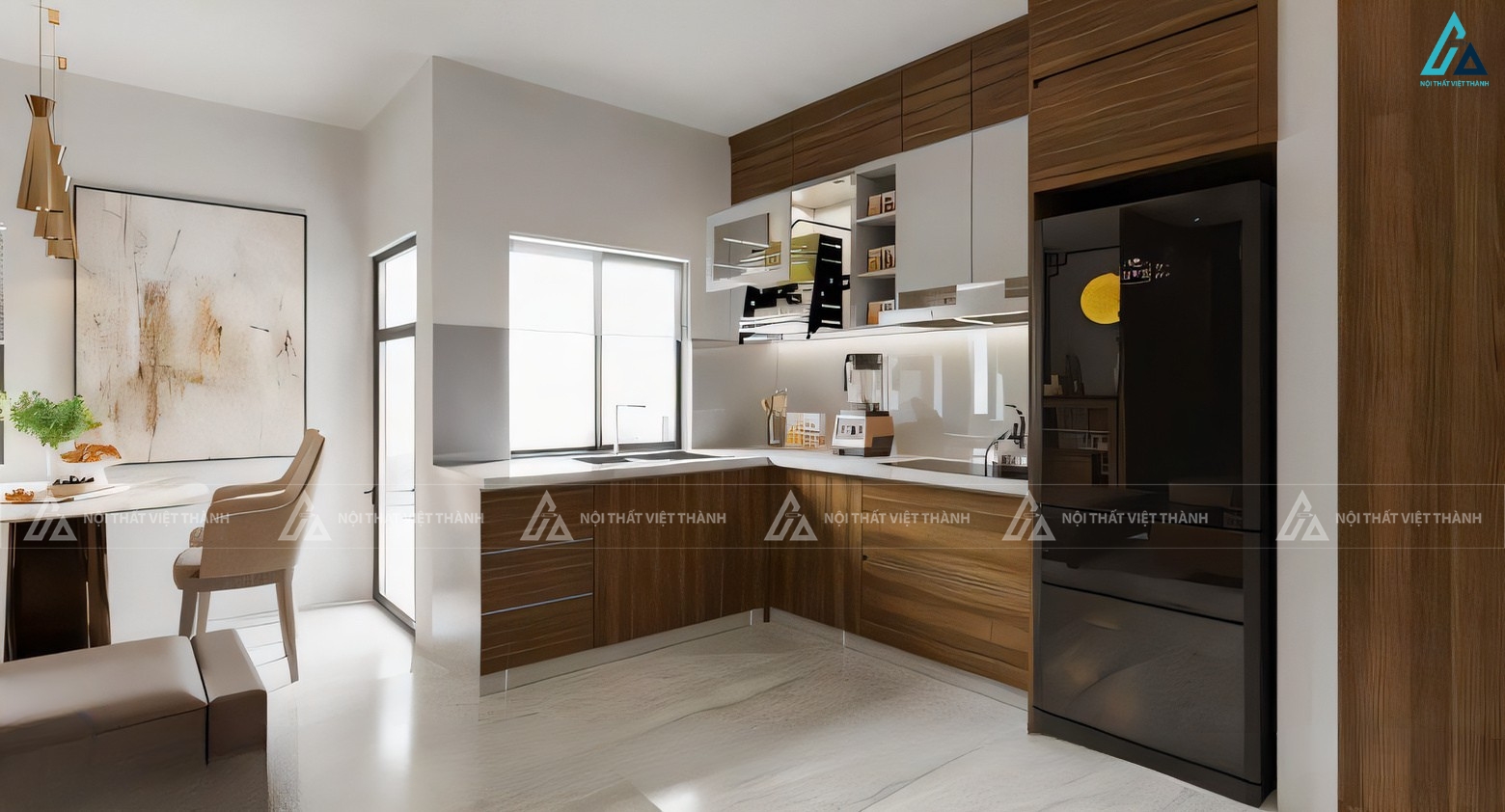 Mẫu tủ bếp gỗ công nghiệp chữ L tiện nghi phối màu tinh tế 1