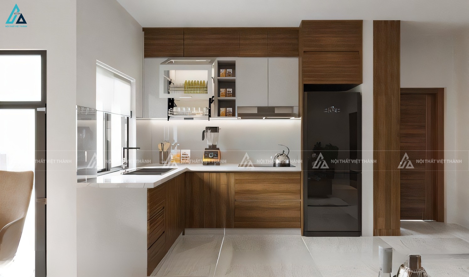 Mẫu tủ bếp gỗ công nghiệp chữ L tiện nghi phối màu tinh tế