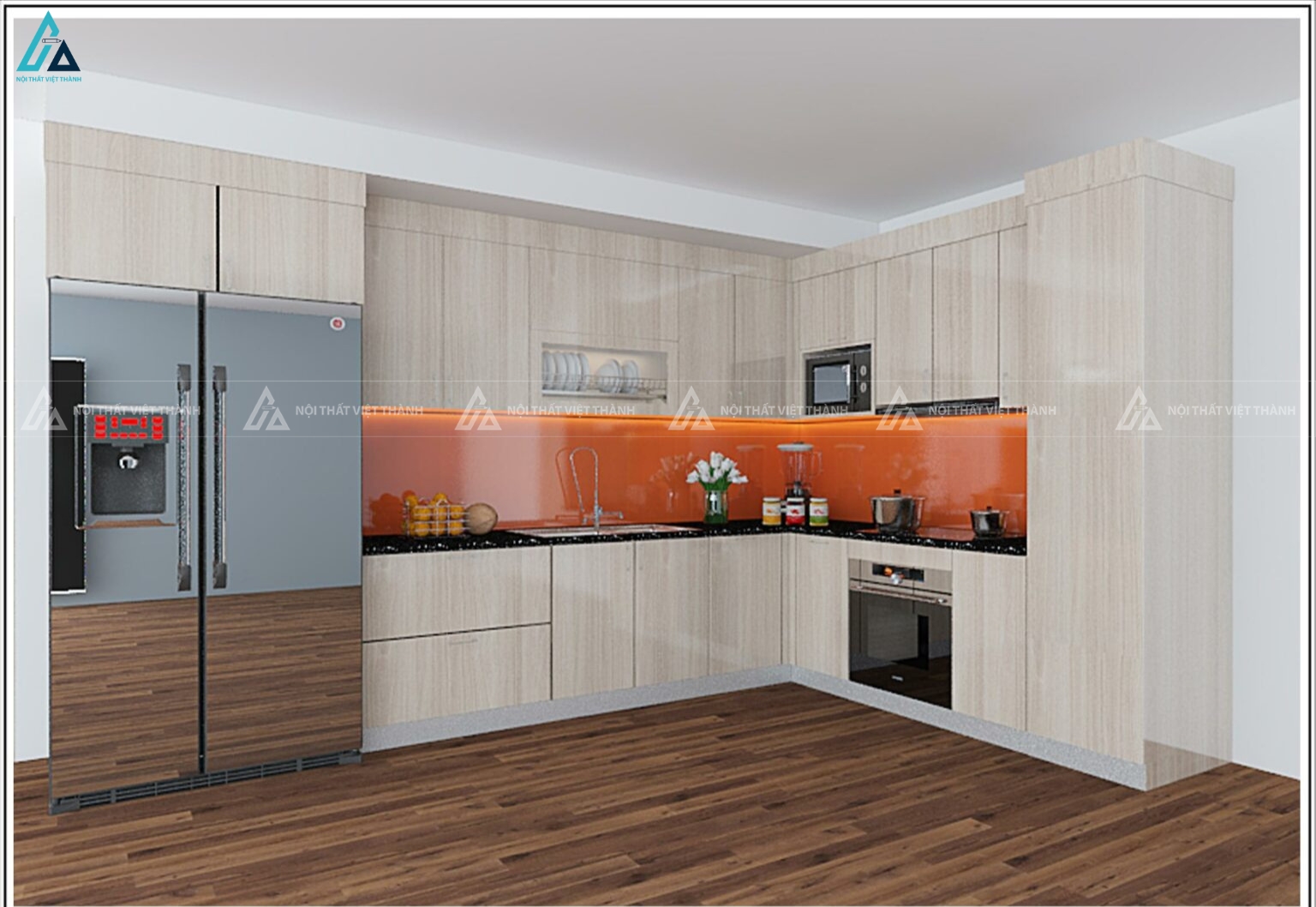 Thiết kế tủ bếp gỗ công nghiệp chữ L phối màu sáng tinh tế hiện đại