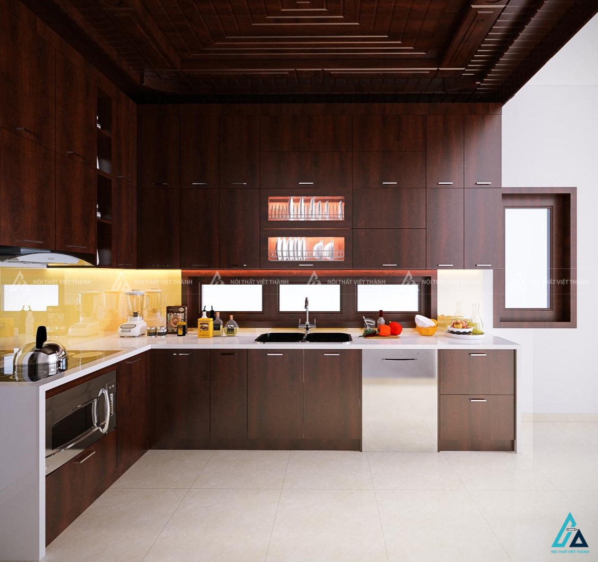 Bộ tủ bếp chữ L gỗ công nghiệp với hệ tủ kho lưu trữ thông minh