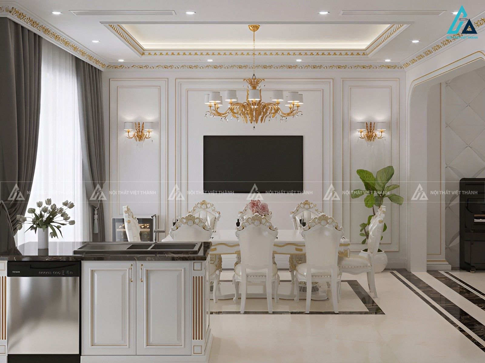 Mẫu tủ bếp mdf tân cổ điển bền đẹp mang đậm vẻ đẹp quý tộc châu âu 2