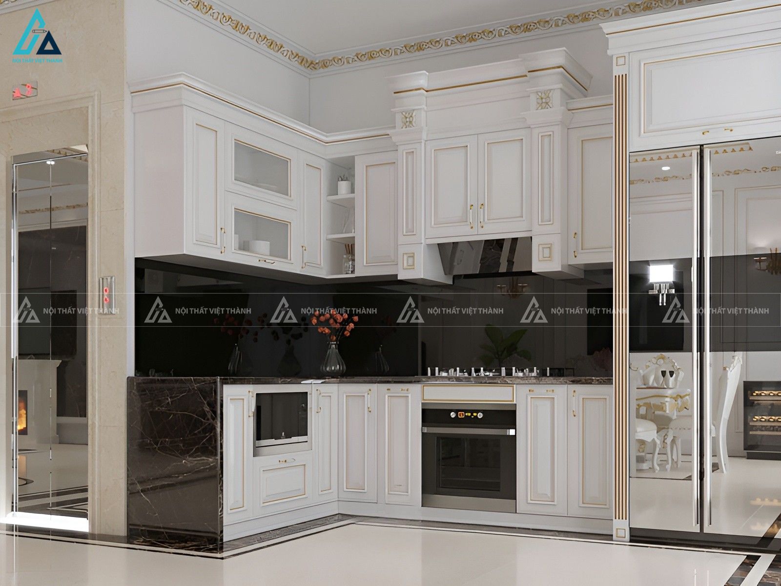 Mẫu tủ bếp mdf tân cổ điển bền đẹp mang đậm vẻ đẹp quý tộc châu âu