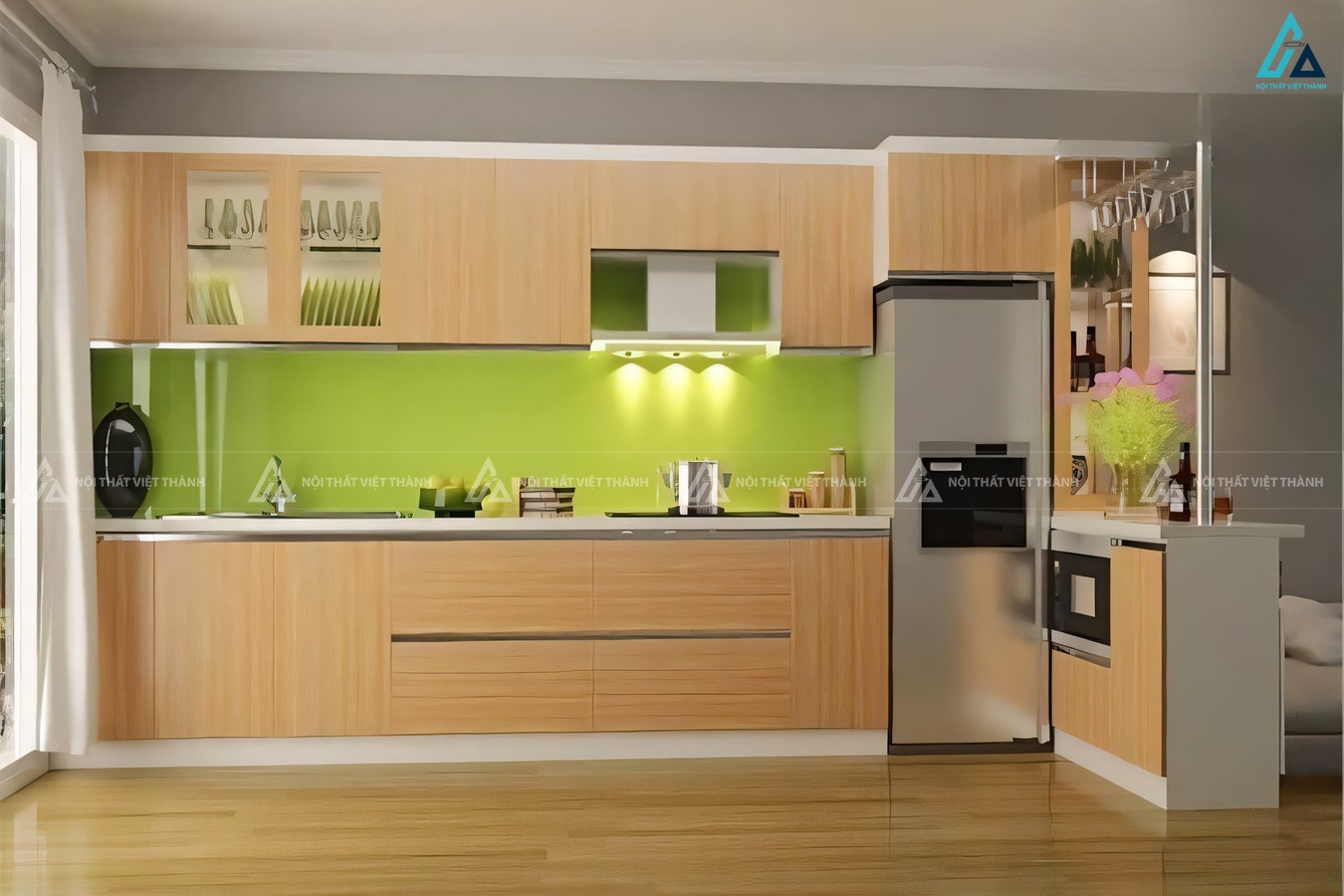 Mẫu tủ bếp gỗ công nghiệp tích hợp quầy bar tiện nghi đẳng cấp