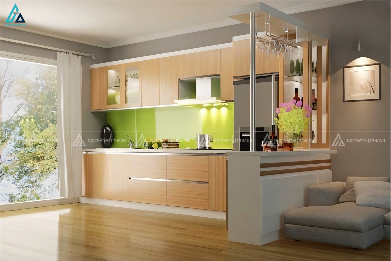 Mẫu tủ bếp gỗ công nghiệp tích hợp quầy bar tiện nghi đẳng cấp 1